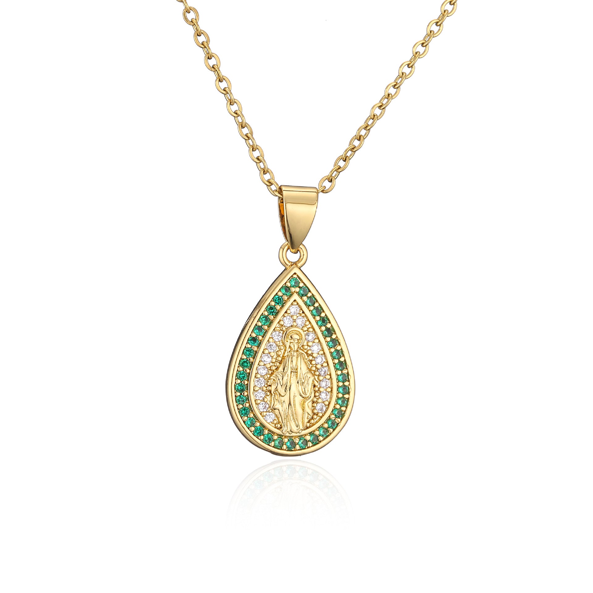 Wholesale Copper Micro-paved Colored Diamond Drop Shaped Virgin Mary Necklace